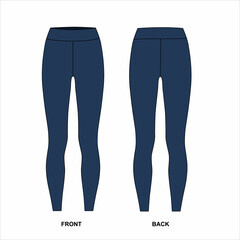Technical drawing of women's sports leggings isolate on a white background. Sketch leggings front and back views. Blue elastic leggings template for fitness, yoga, cycling.