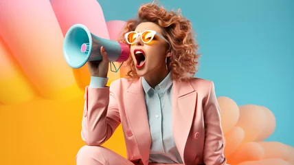 Foto op Plexiglas Young woman with red curly hair holding and shouting in megaphone. Colorful trendy background in pop art style pink blue yellow. Sales commercial communication banner with copy space © olindana