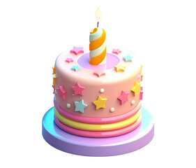 Cute birthday cake with candle in cartoon clay toy style, pastel colors, isolated on white background. 3d render illustration isometric detailed icon clipart. Png with transparent background, cutout.