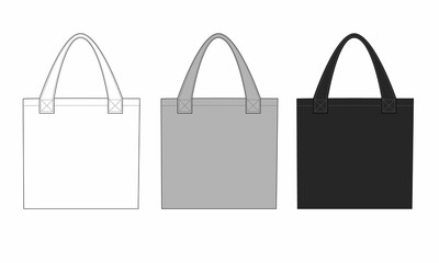 Technical drawing Eco bag isolate on a white background. A set of simple linen bags. Illustration of a tote bag in white, gray and black colors.