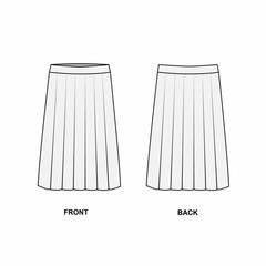 Technical drawing of a pleated skirt, isolate on a white background. Outline sketch of a woman's skirt, front and back views. Gray skirt template, linear pattern.