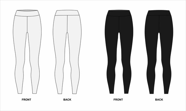Technical drawing of leggings isolate on a white background. Outline sketch of sweatpants - leggings, front and back views. Leggings pattern for women in white and black colors.