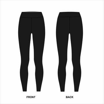 Illustration of black leggings isolate on a white background. Sketch of women's leggings front and back views. Template of elastic black pants for fitness, yoga, cycling.