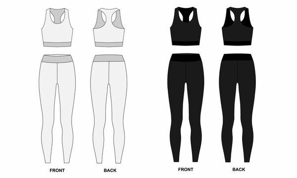 Technical drawing of leggings and bra, isolate on a white background. Sketch of a sports bra and leggings front and back view. Outline drawing of a sports top and leggings in white and black.