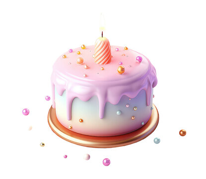 Cute birthday cake with candle in cartoon clay toy style, pastel colors, isolated on white background. 3d render illustration isometric detailed icon clipart. Png with transparent background, cutout.