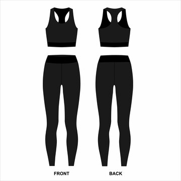 Technical drawing of sportswear for women isolate on a white background. Sketch of women's sports leggings and top, front and back views. Black leggings and sports bra template.