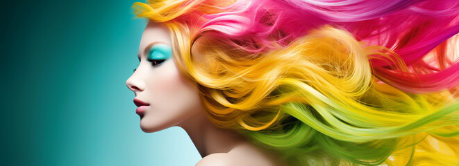Colorful banner with beautiful woman with wavy multicolored hair in rainbow colors on blue background. Hair salon beauty shop banner template. Cosmetics fashion concept
