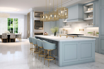 Luxurious modern kitchen bathed in soft pastel, accented gold combines seamlessly wood and gold brass. This is a blend of contemporary aesthetics and functionality. Generative AI.