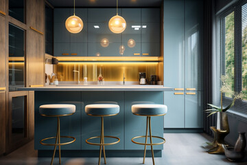 Luxurious modern kitchen bathed in soft pastel, accented gold combines seamlessly wood and gold brass. This is a blend of contemporary aesthetics and functionality. Generative AI.