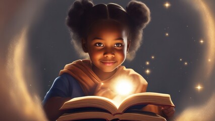 Portrait of a black little girl reading books in the dark, dark magical background with stars