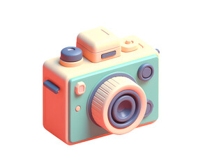 Cute photo video camera in cartoon clay toy style, pastel colors, isolated on white background. 3d render illustration isometric detailed icon clipart. Png with transparent background, cutout.