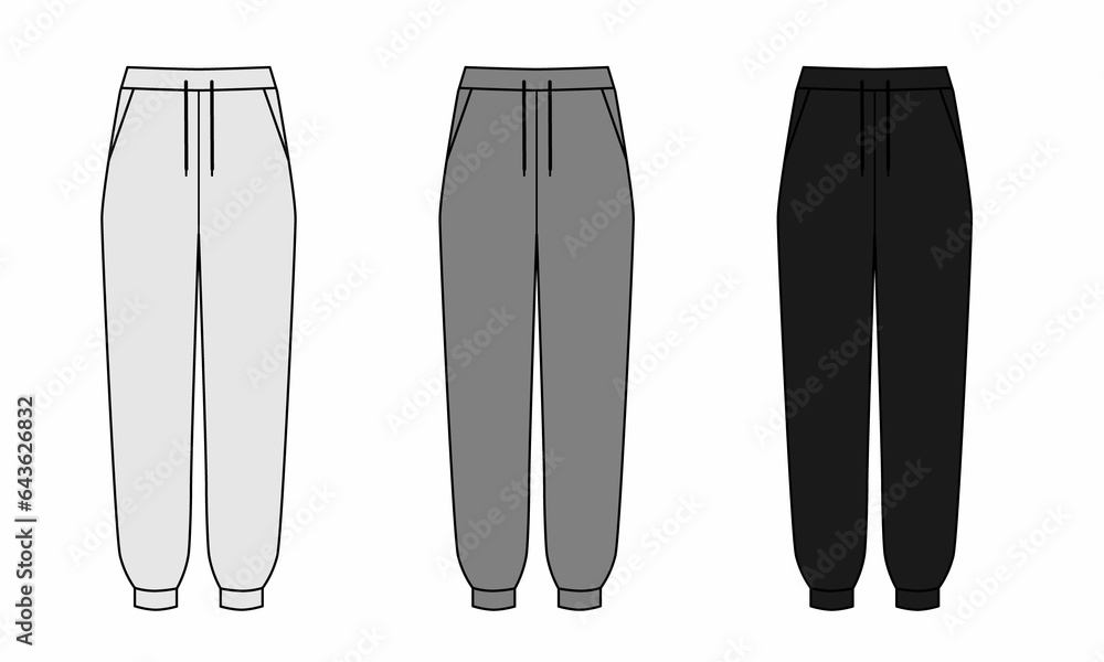 Wall mural Set of technical drawings of sweatpants, isolate on a white background. Pattern of joggers in gray, white, black colors. Elastic trousers template with pockets, front view.