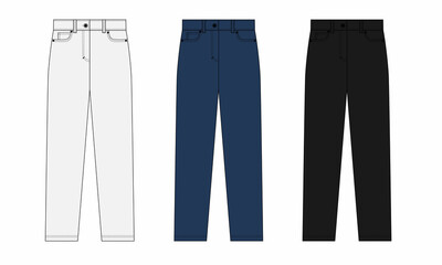set of jeans isolated on white. Drawing of straight jeans in white, blue, black colors. Technical drawing of simple jeans with five pockets.