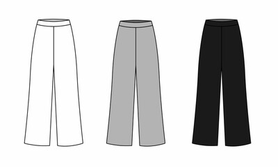 Set of drawings of wide trousers isolate on a white background. Technical drawing of long trousers in white, gray, black colors. Sketch of fashionable knitted pants for women. - obrazy, fototapety, plakaty