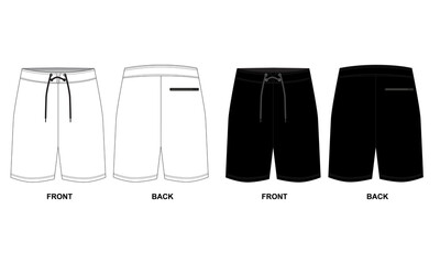 Technical drawing of sports shorts, isolate on a white background. Short shorts pattern front and back view. Pattern of men's shorts front and back views.