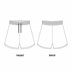 Technical sketch of short shorts isolate on a white background. Sketch of sports shorts front and back views. Outline drawing of shorts with white elastic. - obrazy, fototapety, plakaty