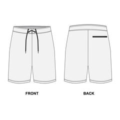 Technical drawing of sports shorts isolate on a white background. Sketch of swim shorts, with drawstring, front and back views. Template of classic men's shorts in casual style.