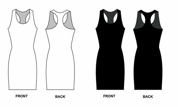 Technical drawing of a short women's dress, isolate on a white background. Outline Sketch of sleeveless dress front and back view. Dress template in black and white.