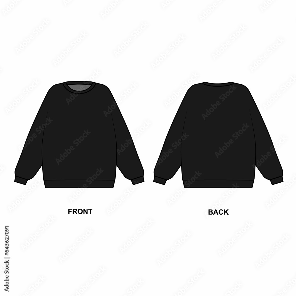 Wall mural Technical drawing of an oversized sweatshirt, isolate on a white background. Sketch long sleeve black with a round neck. Sweatshirt template front and back view.