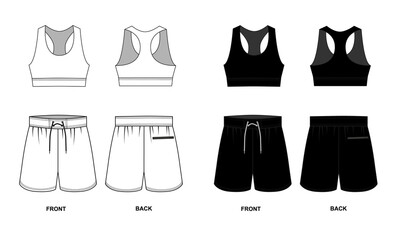 Technical drawing of a sports top and shorts isolate on a white background. Sketch of a crop top and short shorts front and back view. A set of sportswear for women, white and black.