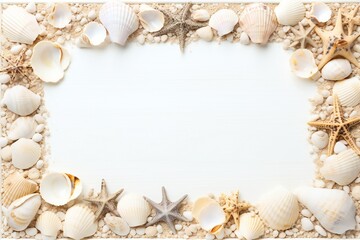 Obraz premium Seashells on light blue background. Sea summer vacation background with space for the text. Top view