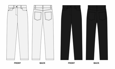 Technical drawing of straight fit jeans, isolate on a white background. Sketch of classic jeans front and back views. Jeans template in black and white colors.