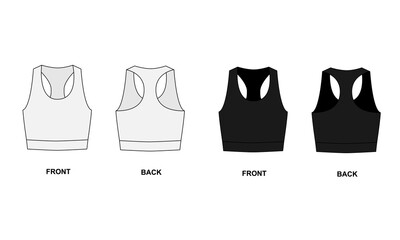 Technical drawing of a women's sports top isolate on a white background. Set of short sports jersey templates front and back views. Sketch of a sports bra in white and black colors.