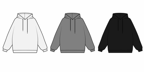 A collection of drawings of sweatshirts with a hood in white, gray, black colors. Sketch hoodie isolate on white background. Technical drawing of a trendy casual hoodie.