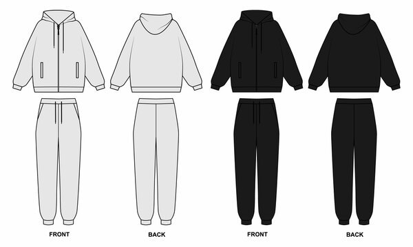 Technical drawing of a tracksuit front and back view, isolate on a white background. Sketchy oversized hoodie with front zip and pockets. Outline Drawing of joggers and a sweatshirt in gray and black 