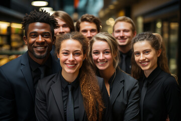 Fototapeta premium Portrait of laughing business team standing in office a man on front and the other team members on this back