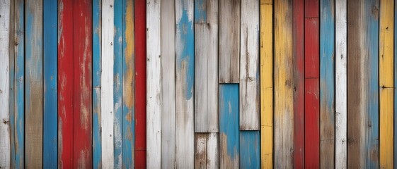 Texture of thin vertical vintage wood planks with cracked paint in white, red, yellow and blue colors