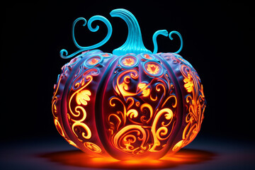 Halloween pumpkin in cool neon light still life background with copy space