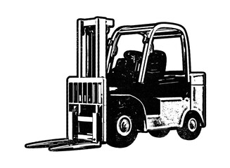 Forklift industrial truck retro stencil illustration stamp with distressed grunge texture isolated on transparent background