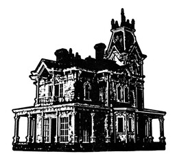 Haunted Victorian mansion retro stencil illustration stamp with distressed grunge texture isolated on transparent background