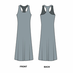 Technical sketch of a long sleeveless dress, isolate on a white background. Women's dress template front and back views. Linear flat drawing of a tank dress in gray color.