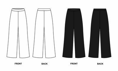 Illustration of fashionable wide trousers isolate on a white background. Outline sketch of wide pants, front and back views. Knitted trousers template for women in casual style. - obrazy, fototapety, plakaty