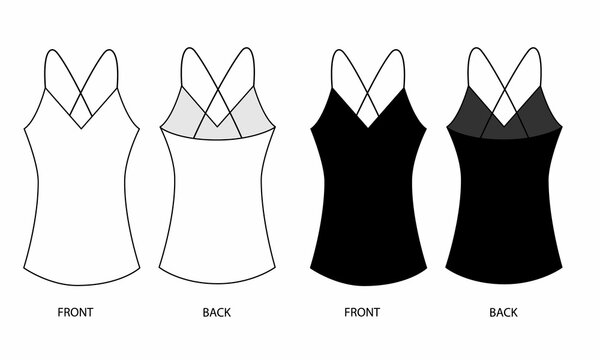 Top pattern with thin straps, front and back views. Women's blouse template in black and white colors. Outline drawing Lingerie top with straps...