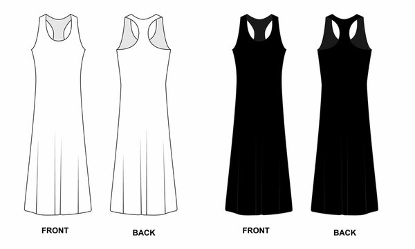 Set of drawings of long sleeveless dresses on a white background. Sketch of women's dresses in a sporty style front and back view. Technical drawing of a fashionable dress for a girl.