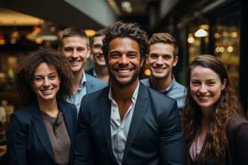 Obraz premium Portrait of laughing business team standing in office a man on front and the other team members on this back