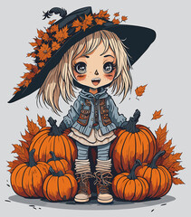 Cute girl in scarecrow costume, pumpkins, occasion Helloween 