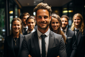 Portrait of laughing business team standing in office a man on front and the other team members on this back