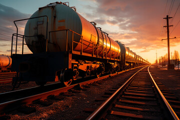 Fototapeta na wymiar Transportation tank cars with oil during sunset