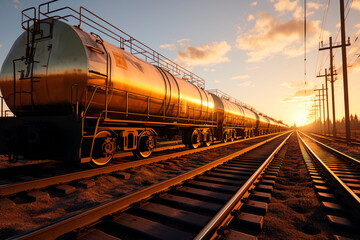 Train cars carrying oil tanks on railway tracks illuminated by the setting sun