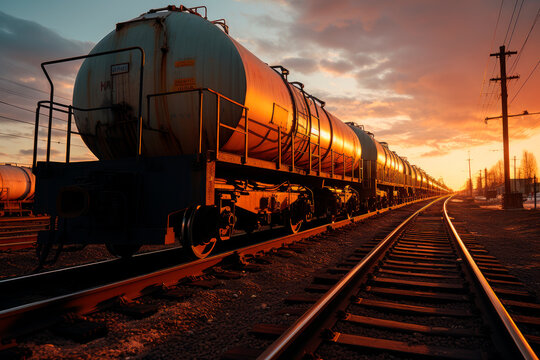 Transportation tank cars with oil during sunset