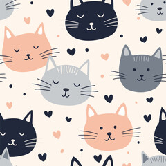 Seamless pattern with cute cartoon cats. Vector illustration in flat style.