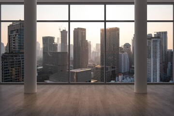 Fototapeta na wymiar Empty room Interior Skyscrapers View Bangkok. Downtown City Skyline Buildings from High Rise Window. Beautiful Expensive Real Estate overlooking. Sunset. 3d rendering.