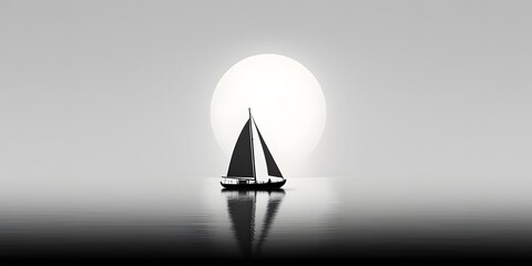 Silhouette of sailboat on the sea at sunset. Minimalist sailing background of a sailboat reflecting on the still water.