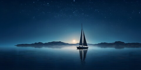 Sailing yacht in the sea at night. Minimalist sailing background of a sailboat reflecting on the still water.