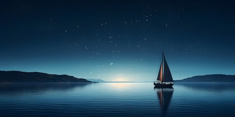 Fototapeta premium A lonely sailing boat floating in the ocean at night. Minimalist sailing background of a sailboat reflecting on the still water.