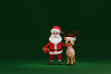 Cute cartoon Santa Claus and Deer. 3d render